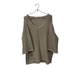 Tempo Paris Linen Cotton Blend Fringe Trim Top Gray Made in Italy Sz L Art 377E